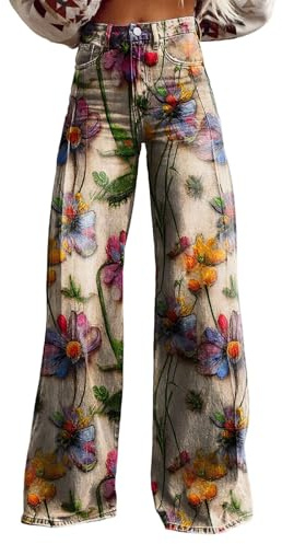 Pantalones Vaqueros Mujer Estilo Retro Estampado Floral – Jeans Cintura Alta Pierna Ancha Holgados, Moda Casual Y2K Streetwear con Bolsillos para Primavera Verano Otoño