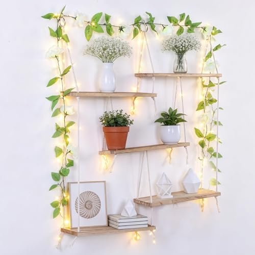 Gugxiom 5-Stufiges Makramee Wandregal Holz, Boho Deko Hängeregal Wand, Pflanzenregal Wand Holz, mit Licht, Schweberegal für Pflanzen & Deko, für Wohnzimmer Schlafzimmer
