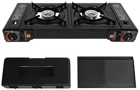 Gasspis med 2 brännare 2 500 W, bärbar, dubbel gasspis med grillbricka och förvaringsväska, för utomhus, picknick, campingutflykter och fester