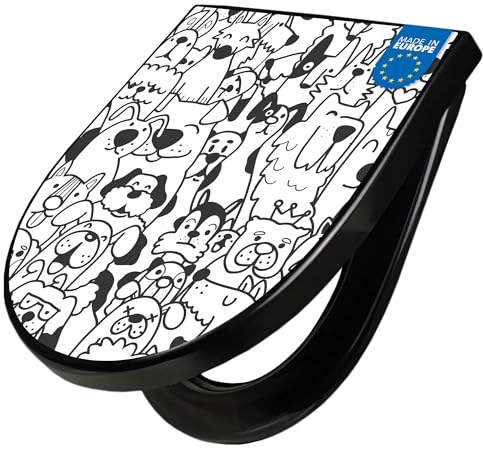 banjado WC Sitz mit Absenkautomatik D Form - Toilettendeckel mit Absenkautomatik D Form - Klodeckel Softclose - stabile Klobrille - Toilettensitz Schwarz - Motiv Lustiges Hundemuster