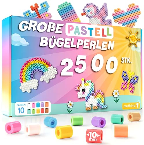 MUTKIND® 2500x Bügelperlen Groß 10mm [10 Tolle Pastell Farben] - Für Kinder ab 3 Jahren - Extra Leicht zu Greifen - XL Große Bügelperlen Maxi Steckperlen Set - Inkl. 50 kreativen Vorlagen zum Download