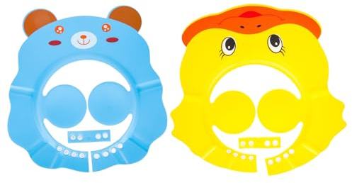 SECFOU Gorros de Ducha Ajustables para Bebés Protector Auditivo, Visera para Ducha, Talla Grande, Diseño Infantil (amarillo Pato y Azul Oso), Protección Agua y Champú para Baño Seguro