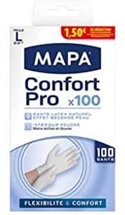 MAPA - Confort Pro - Gants Fins Ménagers en Latex – Recyclables avec TerraCycle - Flexibilité et Confort maximal - 1 boîte de 100 gants - Taille L