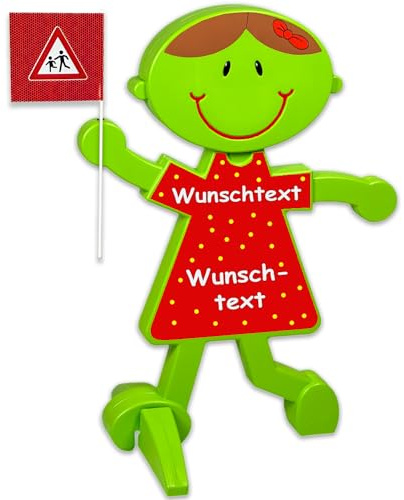UvV Lisa oder Luca Vorsicht Achtung Kinder Warnschild, Warnfigur - grün und reflektierend - Sicherheit für spielende Kinder (Rot - Wunschtext)