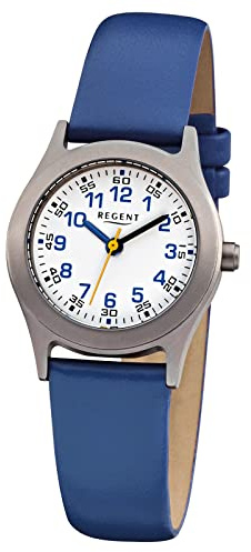 Montre-bracelet Regent URF947 - Élégante, à quartz, pour enfants - Cadran analogique blanc - Bracelet en cuir bleu