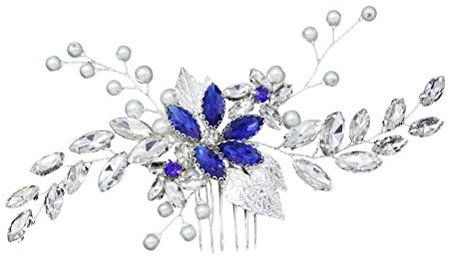 Nupcial Rhinestone Peine para el cabello Flor Diseño de la hoja Tocado Cristal Joyería de la boda Accesorios para el cabello para mujeres Decoración Regalo (Azul)