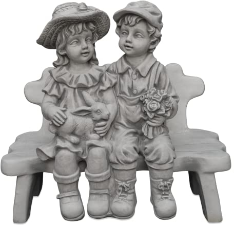 gartendekoparadies.de Junge und Mädchen auf Einer Bank, Steinfigur H. 40 cm, 21 kg, Grau, frostsicher aus Steinguss für Außenbereich