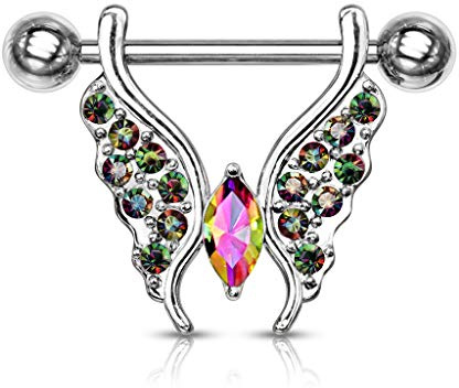 Tata Gisèle Piercing Sein Téton en Acier Chirurgical 316L et Cristal - Papillon Aux Ailes Pavées de Cristal avec Marquise en Cristal pour Le Corps - (Argenté/Vitrail)