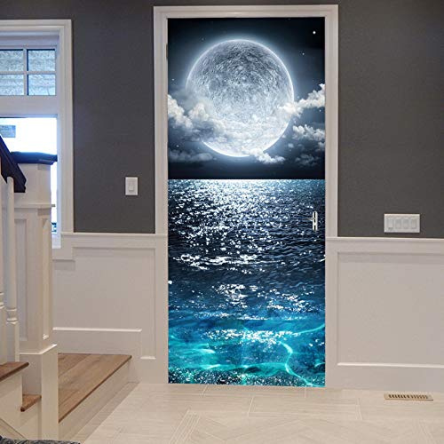A.Monamour Türtapete Selbstklebend Türfolie Türposter 3D Vollmond Am Bewölkten Nacht Himmel Des Blauen Ozean Meeres Vinyl Folie Türdeko Tapete Wandbild Türaufkleber Türtattoo 77 x 200 cm