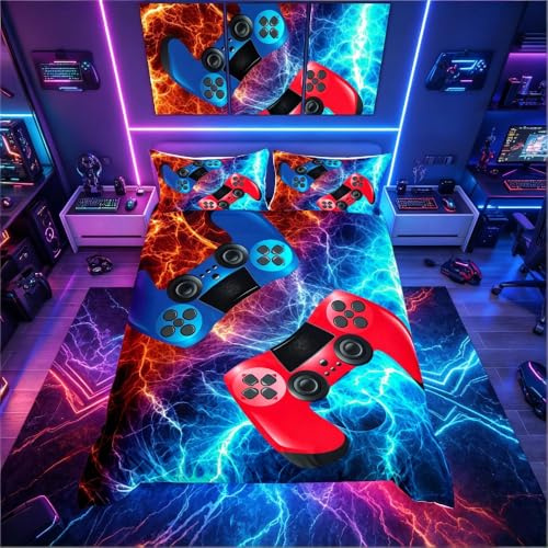 Juego de Ropa de Cama patrón de Gamepad Juego de Funda de edredón niños Color Rojo Azul,trolador de Palanca de Mando de Video,Ropa de Cama Lino Degradado,de mármol Individual