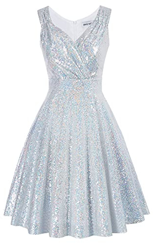 GRACE KARIN Dinner Dance Sequins Dress Vintage Event Cocktail Rockabilly A-line Flared Dress M Sequined Silver White