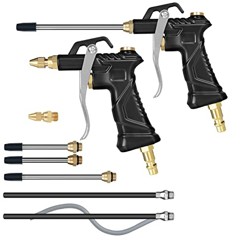 Industrial Air Blow Gun with Brass Adjustable Air Flow Nozzle, Universal hose and 2 Steel Air flow Extension. Pneumatic Air Compressor Accessory Tool Dust Cleaning Air Blower Gun. (2pcs)