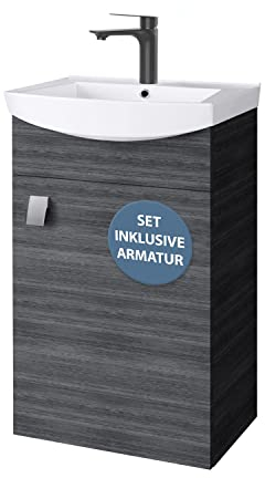 Planetmöbel Badmöbel Set Waschtisch mit Unterschrank 45 x 60 x 33 cm mit Waschtischarmatur schwarz für Badezimmer, Gäste WC & Bad, Anthrazit