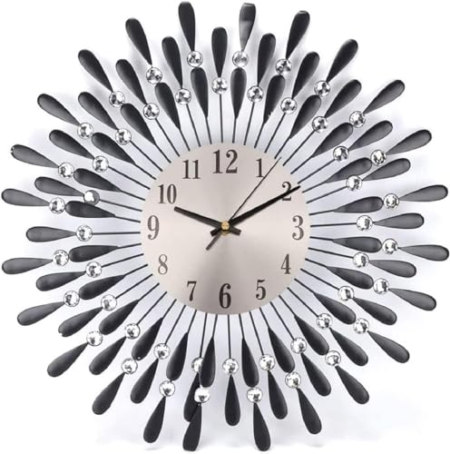 Youyijia 38cm Diamond Jeweled Sunflower Wall Clock - Silent Non-ticking Modern Metal Numeral Decorative Clock for Living Room & Bedroom (Black)