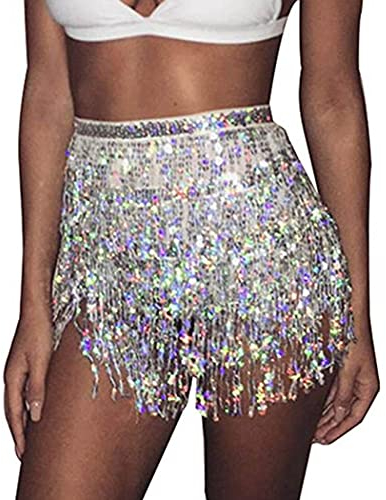 Zookey Argent Jupe à Pampilles à Sequins Écharpe de Hanche de Danse du Ventre Costume Rave Jupe à Franges Rave pour Les Femmes et Les Filles (Size:M)