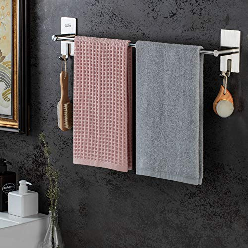JS Towel Rail Wall Mounted with 2 Hooks SUS304 Stainless Steel | Towel Holder Self Adhesive 43.5cm/17.13inch Stick on Towel Rack for Bathroom Shower Kitchen No Drill