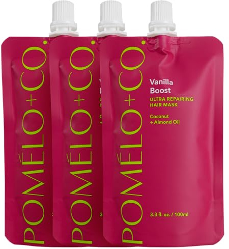 Pomélo+Co. Vanilla Boost Haarmasken 3er-Set 3x100ml - Argan Öl & Vitamin E | Pflegende Haar Masken mit Vanille Duft für trockenes und geschädigtes Haar - Haarkur Set für mehr Glanz und Pflege