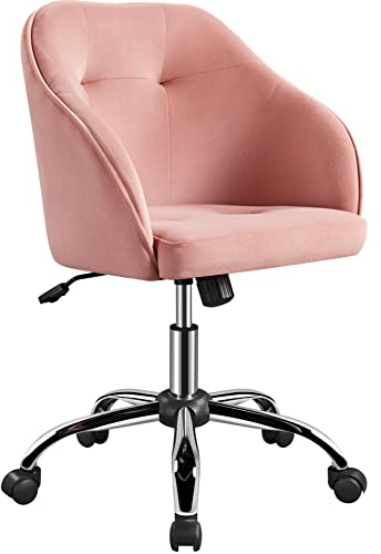 Yaheetech Homeoffice Stuhl, Schminkstuhl, höhenverstellbar Drehstuhl, SamtStuhl Schreibtischstuhl für Arbeitszimmer, Schlafzimmer, Atmungsaktiv Rollstuhl bis 136 KG belastbar Hellrosa