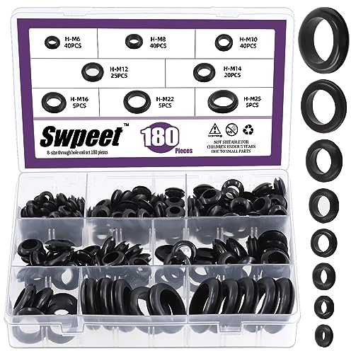 Swpeet 180Pcs 8 Common Sizes Black Rubber Grommet Assortment Kit, Rubber Wire Grommets for Holes, Firewall, Cable, Automotives and Wires Protection, Approx 1/4 5/16 3/8 1/2 9/16 5/8 7/8 1