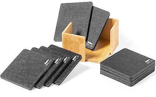 10er Set quadratische Filzuntersetzer 10 cm x 10 cm dunkelgrau aus Recycling PVC Getränke, Tassen, Bar, Glas - Tischuntersetzer im Holzständer