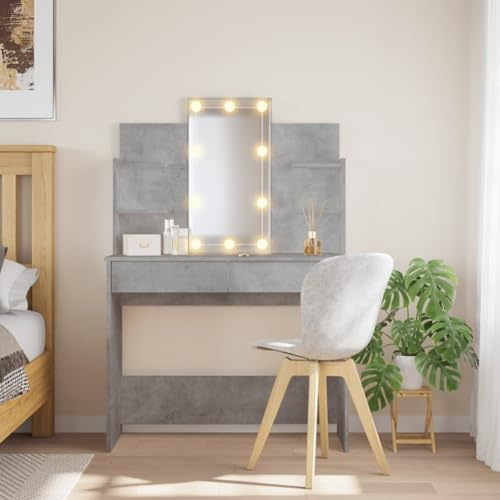 Homgoday Toeletta con Luci LED Grigio Cemento 96x40x142 cm, Toeletta Trucco, Tavolo da Trucco, Sgabello Toeletta Trucco, Mobile Trucco, Toilette Trucco con Luci