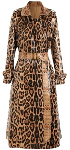 Niiyyjj Frauen Muster Drucken Lange PU Leder Graben Frauen Lange Lederjacke Mit Gürtel Mäntel, multi, 42