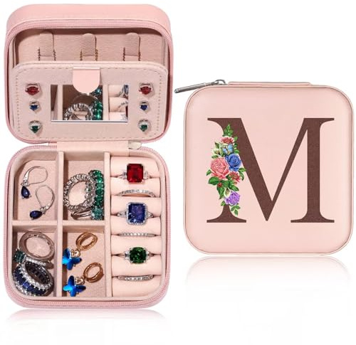 TINGN Mädchen Geschenke 7,8,11,12 jahre- Kleine Schmuckschatulle mit Anfangsbuchstaben M und Blume Initiale Schmuckkästchen Mädchen Geschenke für Geburtstage Hochzeit Brautjungfer