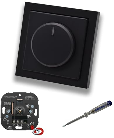 EBROM 1001 LED-Drehdimmer LED Dimmer mit Busch Jäger Dimmerscheibe Zentralplatte 6540-885-102 Einfachrahmen in Future Linear Schwarz matt inklusive EBROM Phasenprüfer zur Montage des Dimmers