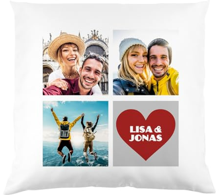 Herz & Heim® Fotokissen mit 3 eigenen Fotos und Wunschtext im Herz zum Valentinstag