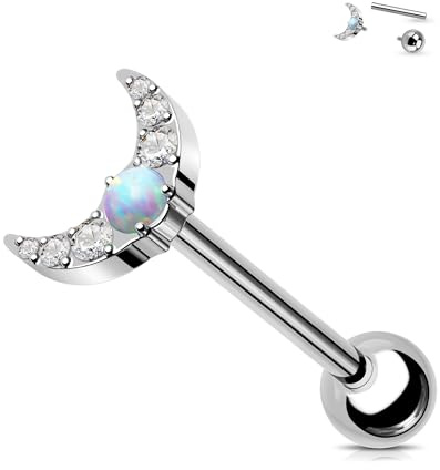 Jewseen Piercing para lengua de titanio, barra para lengua, luna, barbell 14G, ópalo, barra de lengua, anillo de lengua, rosca interna, piercing para lengua, 14G 16MM, Titanio