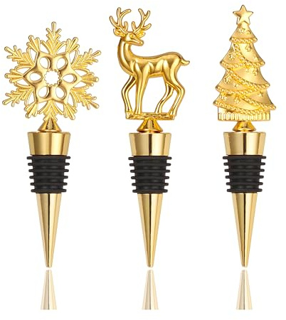 3 Stück Weinflaschenverschluss Weihnachten, Goldene Weinstopper Elch Schneeflocken Baum Flaschenverschluss Weinverschluss für die Weinsammlung Wein Champagner, Lustige Weihnachten Geschenke