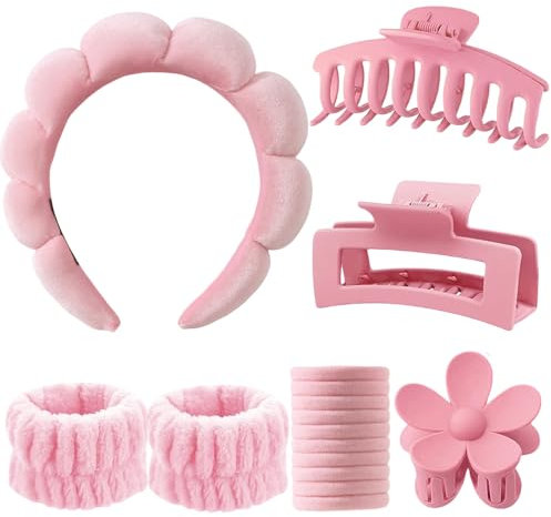 16 Stück Spa Stirnband Make Up Schwamm Set Damen, Bubble Skincare Headband Handgelenk Waschband, 3 Haarklammers, 10 Haargummis, Abschmink Haarband Kosmetik Stirnband, Yoga Sport Dusche Haircare Set
