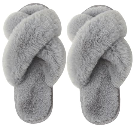 Milaloko kvinnor fluffig kors band hus tofflor luddig öppen tå tofflor slip-on mysig plysch hem skor inomhus utomhus, GRÅ, 40/41 EU