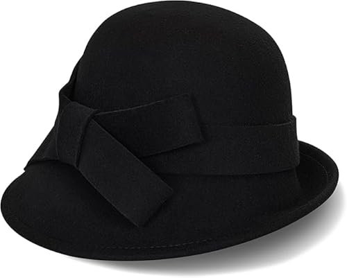 Wollfilz-Glockenhut im Vintage-Stil der 1920er Jahre, klassischer Fedora-Derby-Stil mit Schleifen-Akzent, Kirchen- und Partykleid, Größe M, Schwarz, Medium