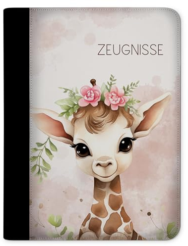 CreaDesign Zeugnismappe A4 – Giraffe Blume – für Mädchen – Dokumentenmappe mit 10 Klarsichthüllen