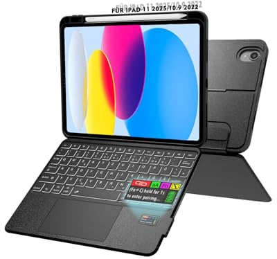 Doohoeek Tastatur Hülle mit Display für iPad 11. Generation 2025(A16) 11 Zoll/iPad 10. Gen 2022 10,9 Zoll, Bluetooth Kabellose Trennbare Tastatur mit Trackpad, 7 Farbige Beleuchtung, QWERTZ, Schwarz