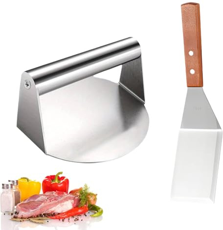 MYLERCT Schiaccia Hamburger Set, 14 × 14 × 7,5 cm Pressa per Hamburger, Tondo in Acciaio Inox Pressa Hamburger Professionale con Spatola da 29,5 × 7,1 cm, per Grigliate Piatte e Riduzione dei Grassi