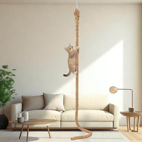 GINDOOR 2 x 9.8Ft Cat Climbing Rope with Hook, Natural Sisal Ropes for Ceiling and Wall Mounted, Durable Space Saving Cat Climbing Jute Rope Toy with Scratching Kitten Rope for Indoor and Outdoor