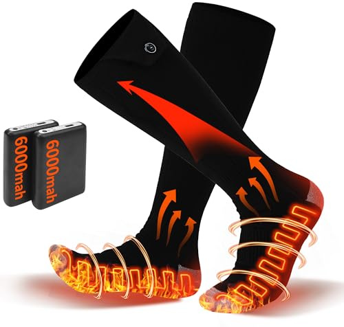 Electric Heated Socks for Men Women with 5V 6000mah Battery Foot Warmer with 360° Toe Heating Electric Socks with 4 Levels Heat Settings Suitable For Outdoor Skiing, Winter Camping, Hiking (Black)