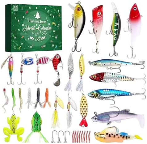 Fischerei Adventskalender 2025, Fischereikalender 2025 24 -Tage -Weihnachtskalender enthält verschiedene Köder Weihnachtsgeschenke für Männer, Angler, Enthusiasten