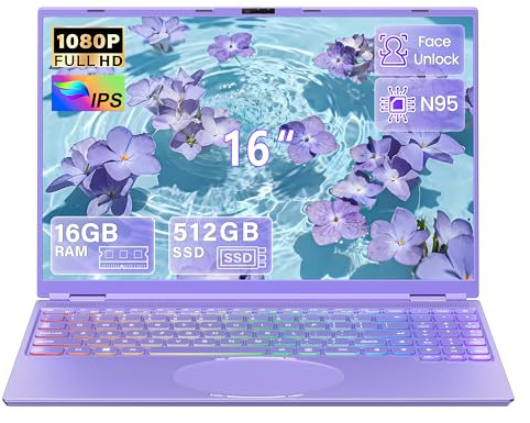 Fsjun 16 Zoll FHD Laptop Lila, 512GB SSD, 16GB DDR4 RAM, Quad-Core N95 CPU