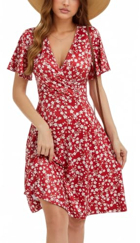 Oyamiki Summer Dresses for Women V Neck Sundress Casual Floral Beach Wrap Ruffle Short Sleeve Dress with Pockets