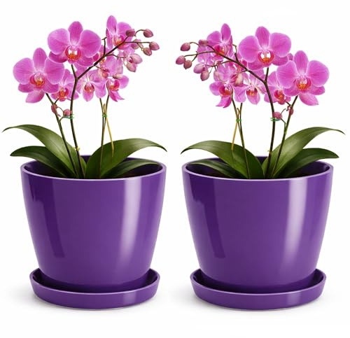 PECZEKO blomkruka glänsande, växtkrukor av kruköverdrag plast Dekorativ kruka för, stora och små växter, 2-pack blomkrukor med underlägg, blomkruka örtkruka, plommon, ø 14 cm