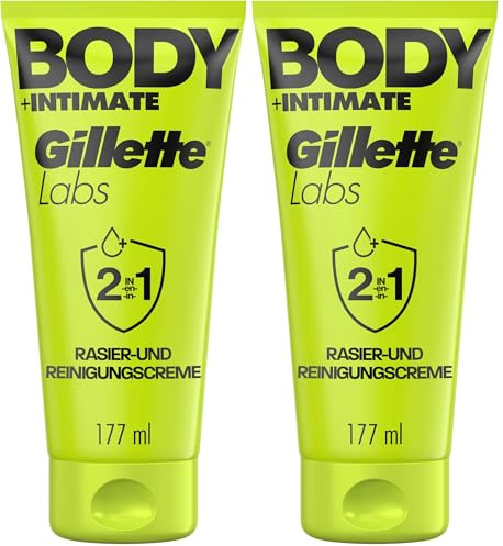 Gillette Labs Body Plus Intimate Crème A Raser Homme Et Nettoyant 2-En-1 Pour Le Corps Et La Zone Intime, Convient Aux Peaux Sensibles, Aloe Vera Pour Un Rasage Corporel En Douceur, 177ml (Lot de 2)