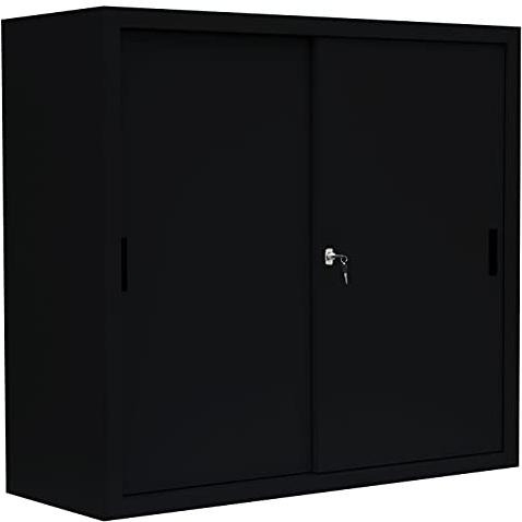 Schiebetürenschrank komplett montiert schwarz 109x120x45cm (HxBxT) Schwebetürenschrank Büro Aktenschrank Sideboard aus Stahl 550149