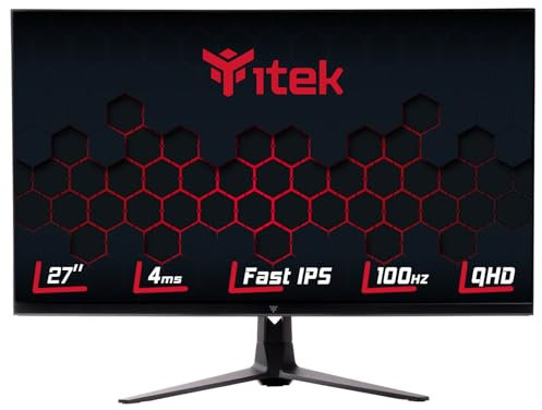 Itek Monitor GGF - 27 Pollici, Piatto, Risoluzione WQHD 2560x1440, Pannello IPS da 100Hz, Schermo 16:9, Tempo di risposta 4ms OD, Collegamenti 2xHDMI e DP, Altoparlanti, HDR, G- Sync, FreeSync