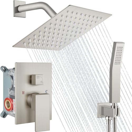 Midanya Shower Faucet Set,Wall Mount Shower System with Square Rain Shower Head and Hand Sprayer, Rough-in Valve Body and Trim Kit Included,8 Inch,Brushed Nickel
