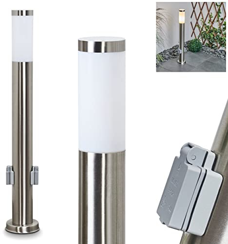 HOFSTEIN Wegeleuchte Sessa, Außenwegeleuchte mit 2 Steckdosen aus Metall/Kunststoff in Nickel-matt/Weiß, moderne Sockelleuchte für Garten, Außenbereich, Hof, Terrasse, Höhe 80 cm, E27, IP44