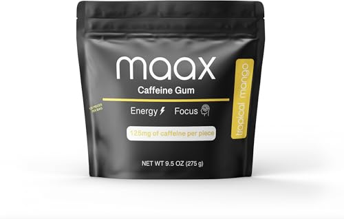 Maax Caffeine Energy Gum | Focus Gum | 125mg of caffeine per piece | Tropical Mango | 125 total pieces per bag
