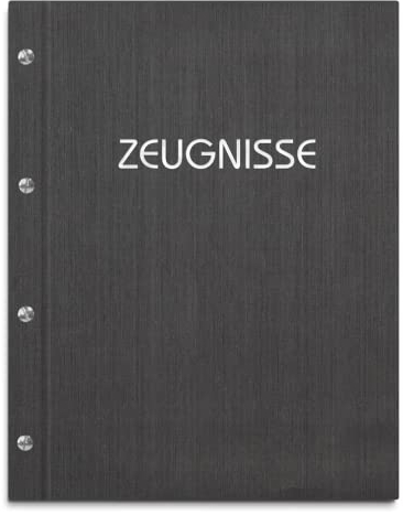 Zeugnismappe im schwarzen Einband in Leinenoptik mit Prägedruck in verschiedenen Farben – inkl. 12 Sichthüllen